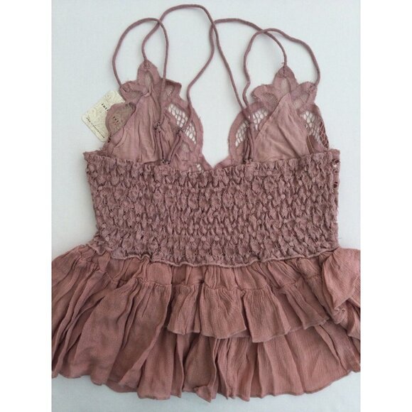 Free People Adella Crop Top Lace Cami Size Small Ruffle Tiered Smocked-Back NEW - Picture 7 of 8